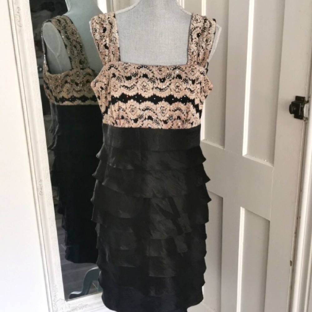 RAREFIND⭐80s R&M Richards black /gold rosette sequins formal cocktail dress. XL